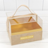 Коробка Квадратная 20*20*14 бархатная с ручкой и прозрачной крышкой Бежевый 1/16 Арт: 720101/5