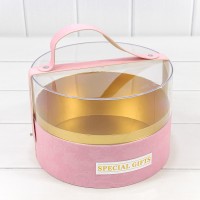 Коробка Круглая 21*14 бархатная с ручкой и прозрачной крышкой Розовый 1/16 Арт: 720102/3