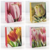 Пакет подарочный с блёстками "Тюльпаны" (микс 256) 18*23*10 210г 1/20 1/360 Арт: 000256E